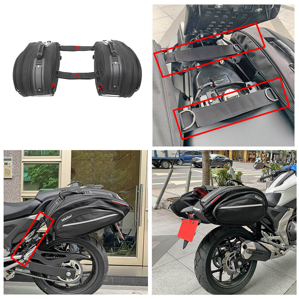 Super easy and quick to your motorcycle with two strong velcro connecting straps and a pair of adjustable side-straps.